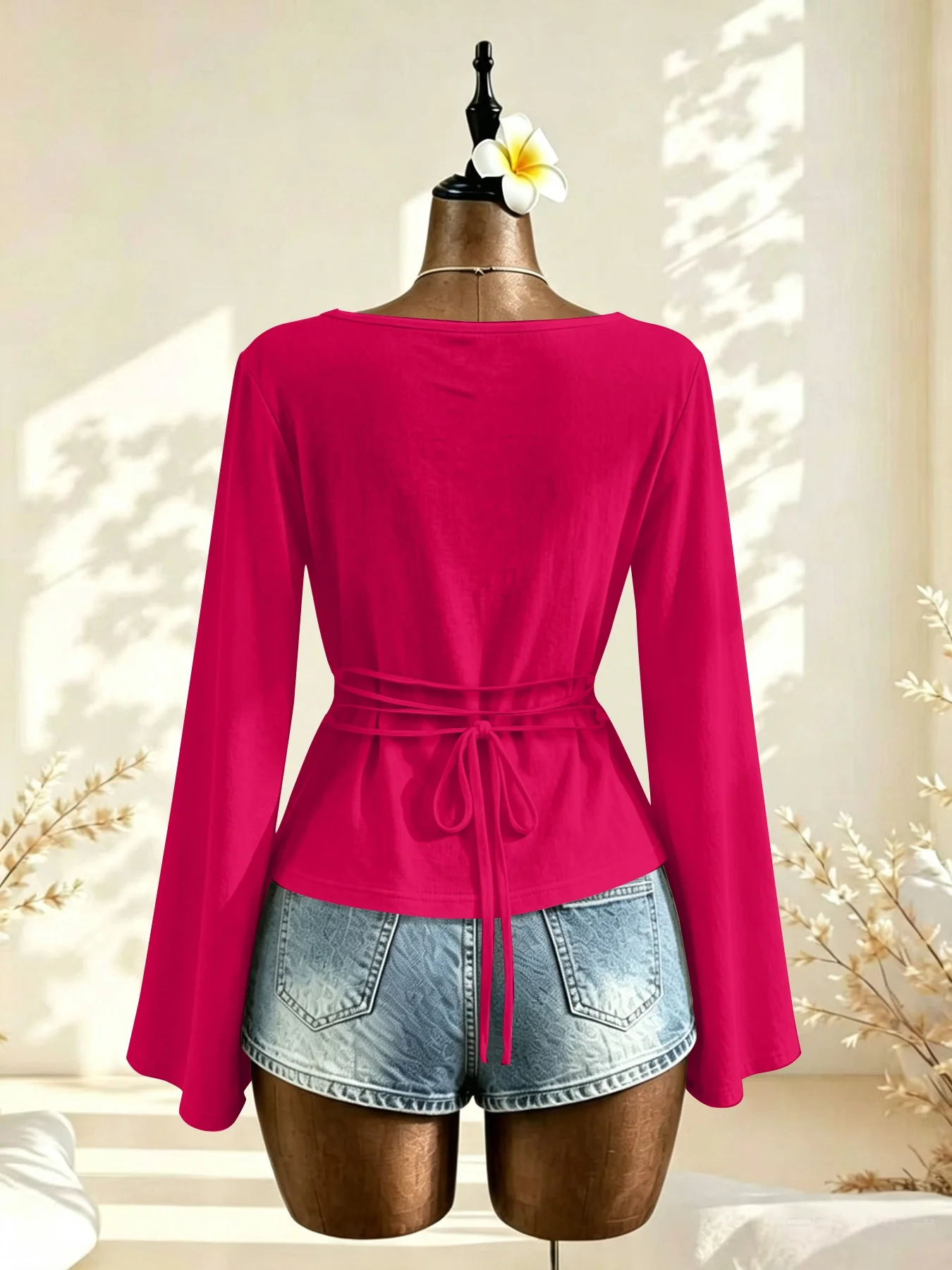 Women Boat Neck Long Sleeve Top Flare Bell Sleeve Waist Ruched Slim Fit Curved Hem Stretchy Casual Daily Going Out Blouse
