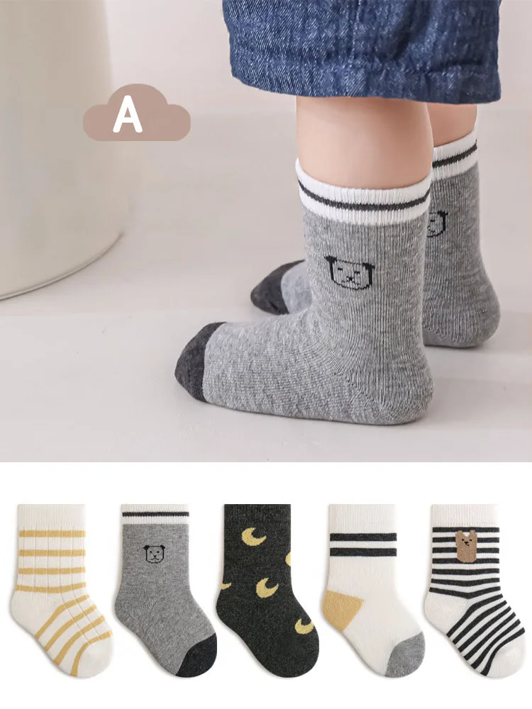 

5Pairs Baby Newborn Socks 2025 Spring Autumn Baby Boys Cute Cartoon Striped Socks Girls Mid Calf Socks Children's Cotton Socks