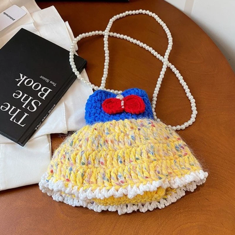 Blue Pink Yellow Purple Cute Handmade Crochet Mini Crossbody Bag Color Block Knit Pearl Chain Phone Shoulder Bag for Yarn Girls