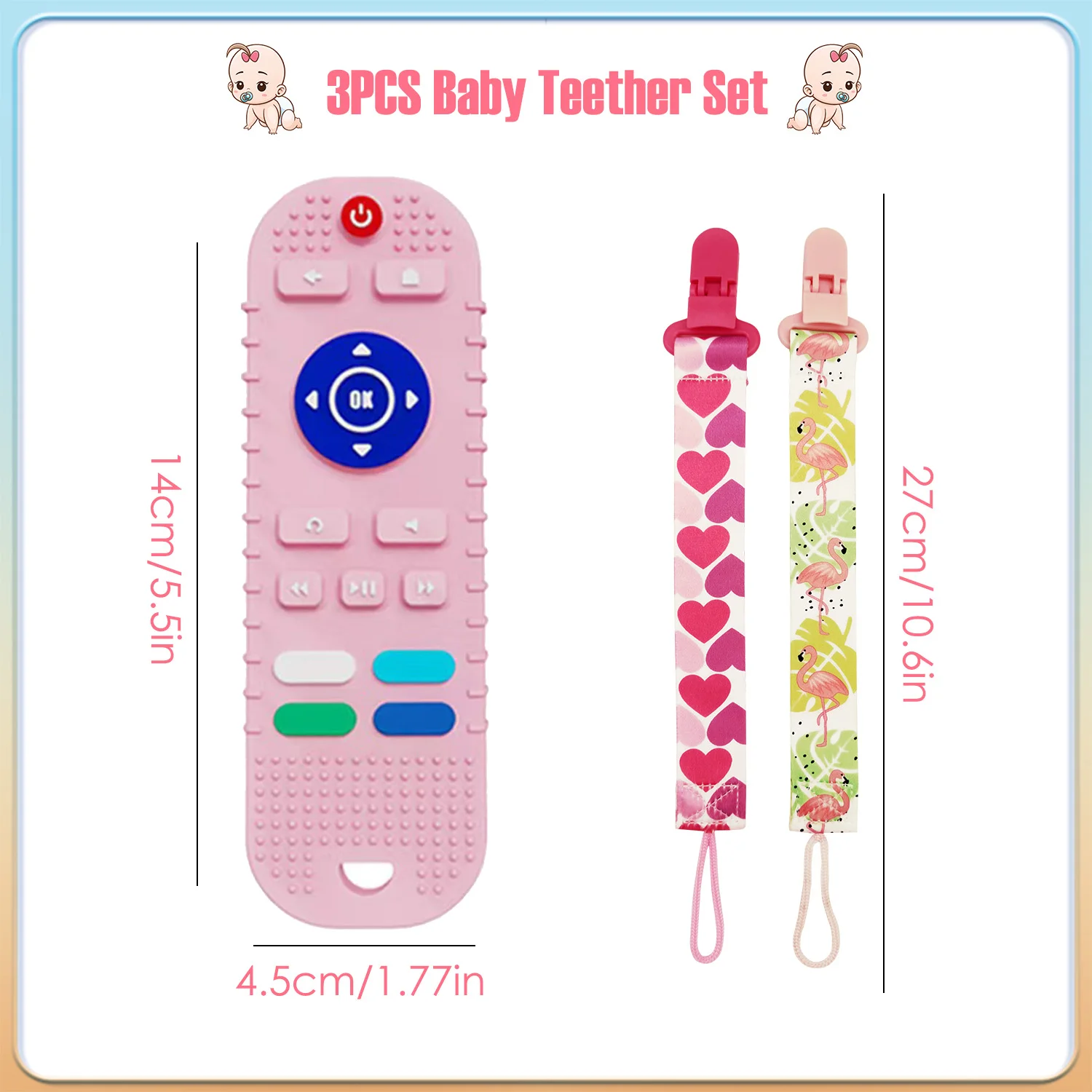 Girls pink teething toys, remote control teether, 3-12 months baby, food grade silicone material, creative simulation remote