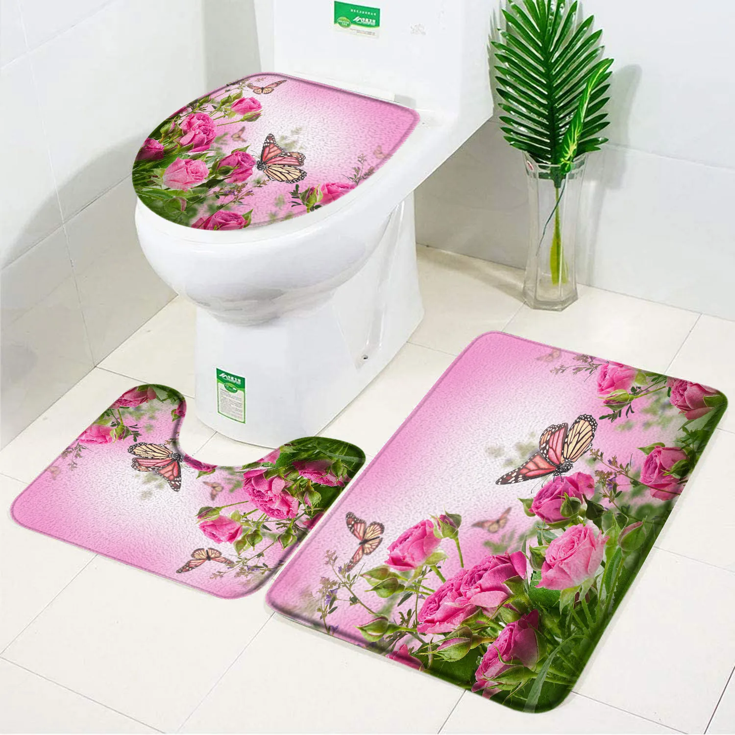 Rose Flower Bath Mat Set Red Fresh Florals Fields and Garden Plant Non-slip Toilet Lid Foot Rug Floor Mat Bathroom Accessory Set