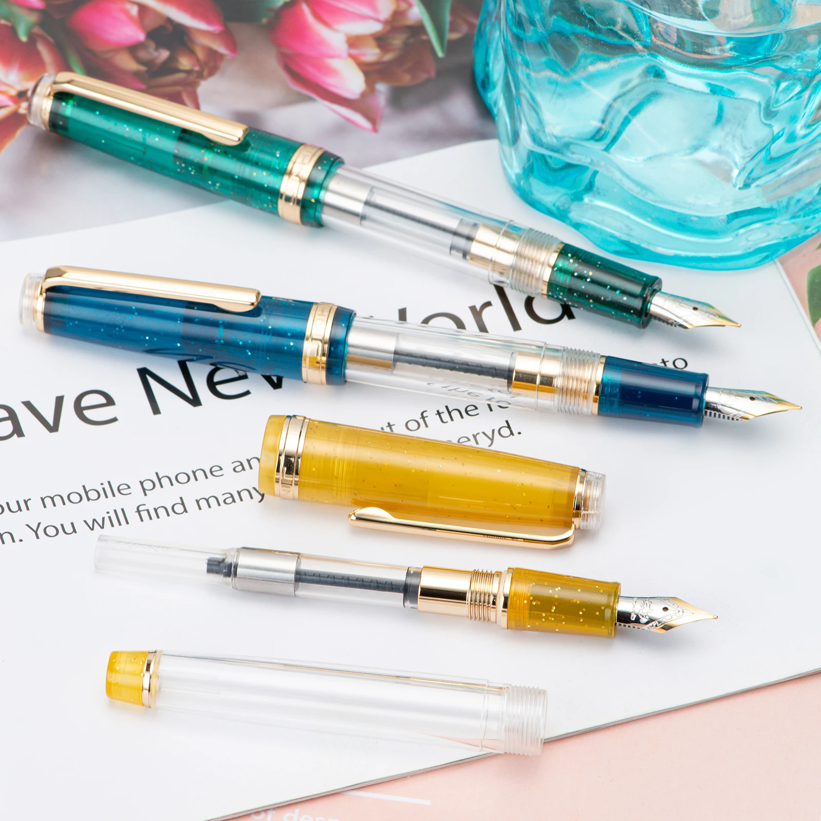 New Jinhao 82 Fountain Pen 3PCS Ink Pen Transparent Mixed Color Acrylic EF/F/M Point Gold Trim with Converter Set