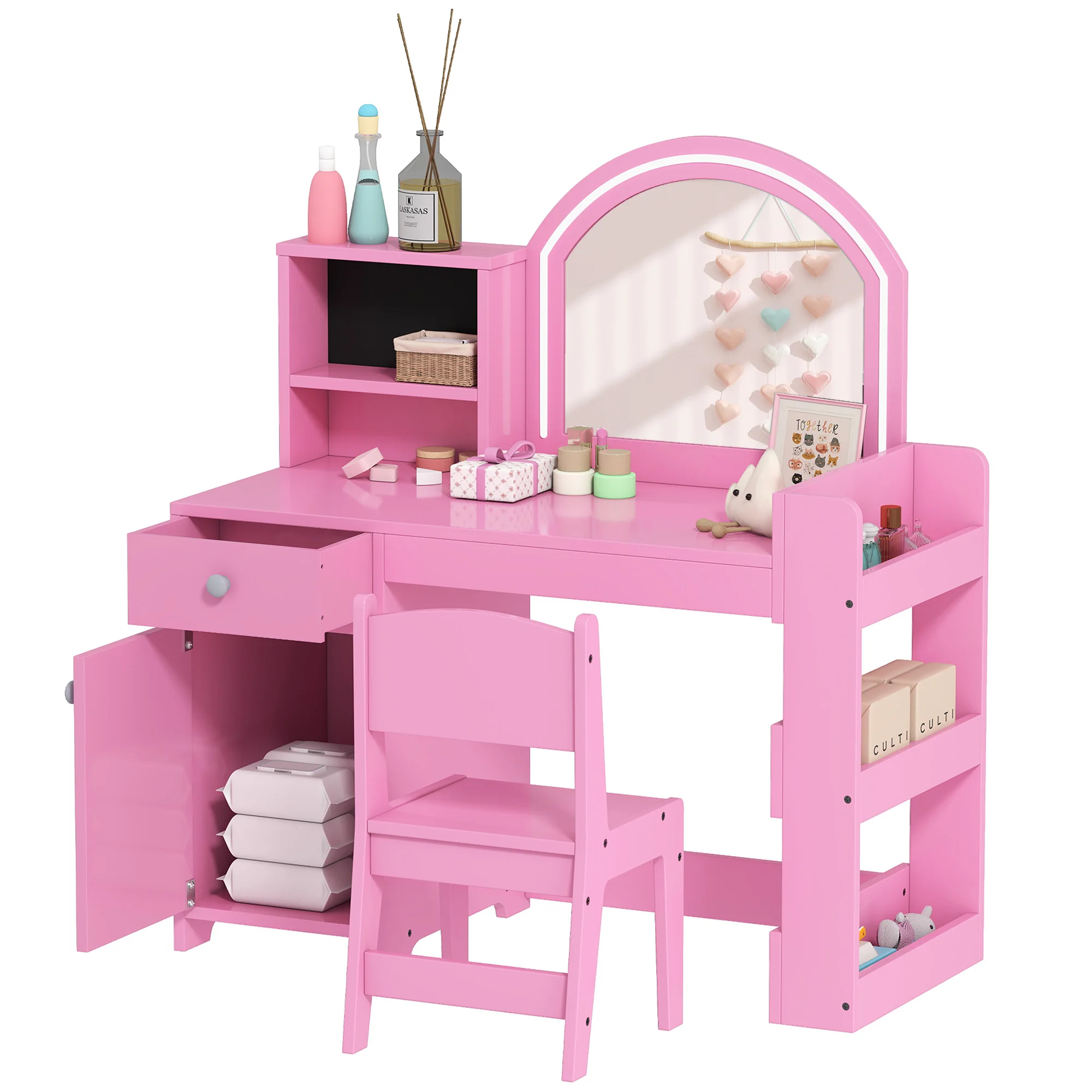 AIYAPLAY Tocador de Maquillaje Niña, Tocador Infantil con Taburete y Espejo con Luces LED, 1 Cajón, Armario y 5 Estantes, para Niños de 3 a 8 Años, Rosa