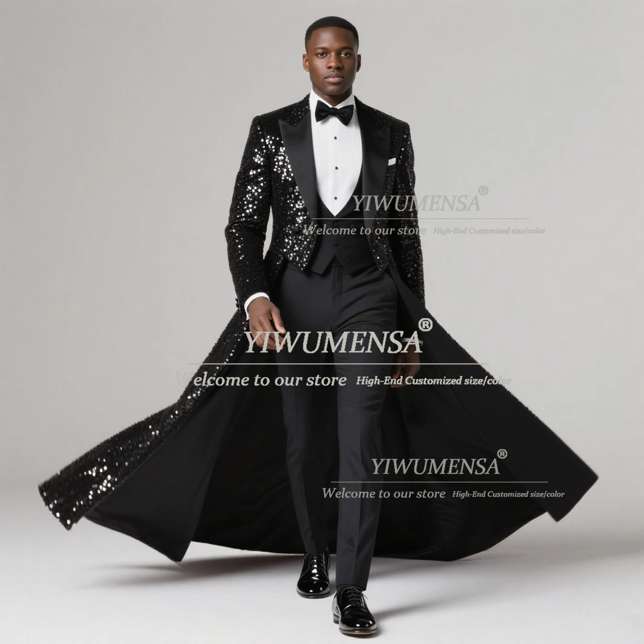 

Elegant Wedding Suits For Men 3 Pieces Sets Sparkly Sequins Groom Blazers Customized Wedding Tuxedos Man Business Coat Long Tail
