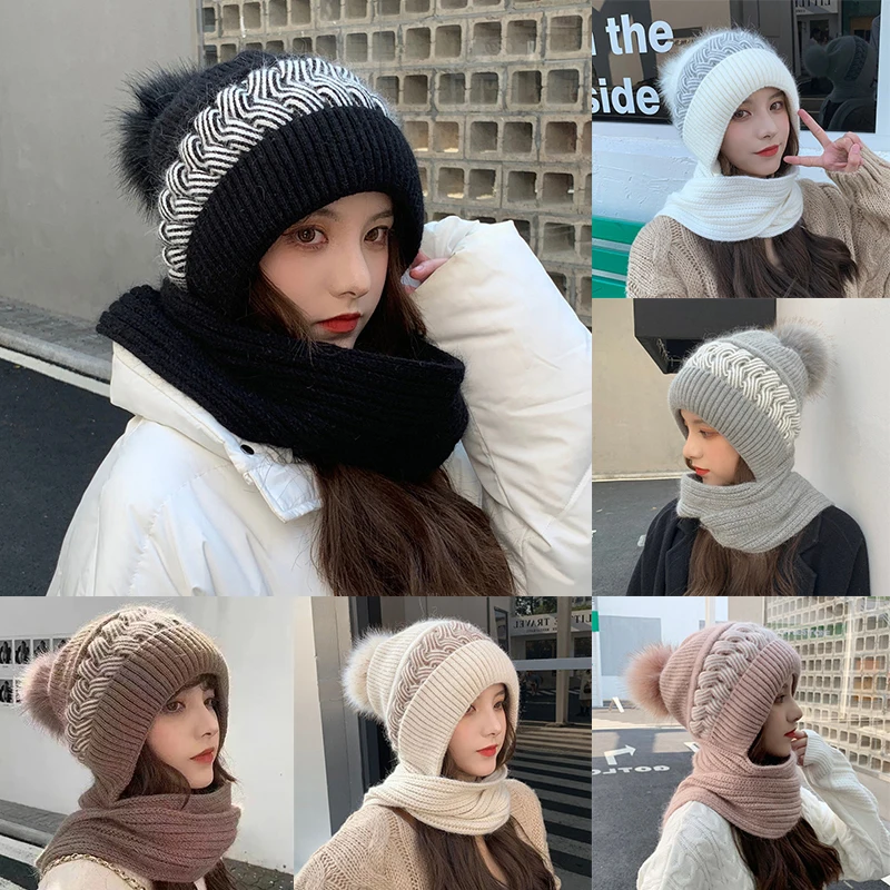 Winter Hat Scarf Set Cold Proof Ear Protection Scarf Warm Girls Beanies Cycling Windproof Ladies Outdoor Caps