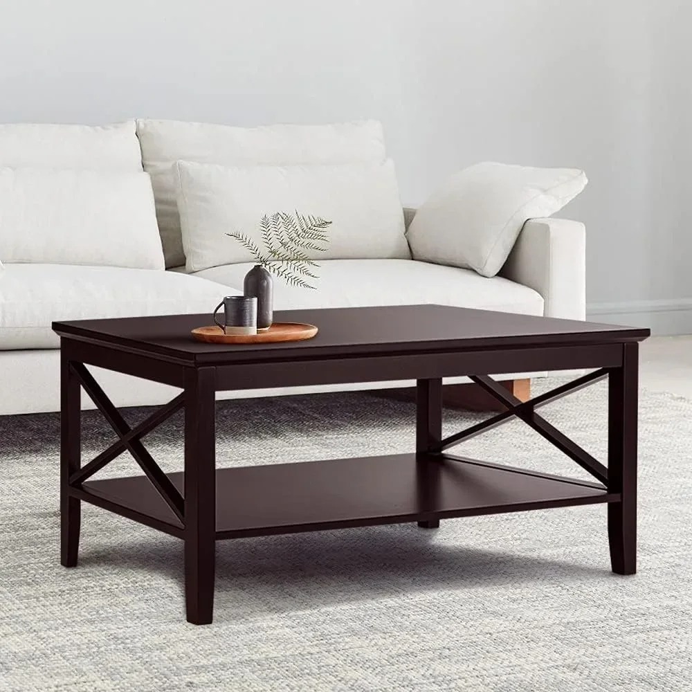

Coffee Table with Thicker Legs, Espresso Wood Coffee Table with Storage for Living Room 40 inches,2-Tier Save Space