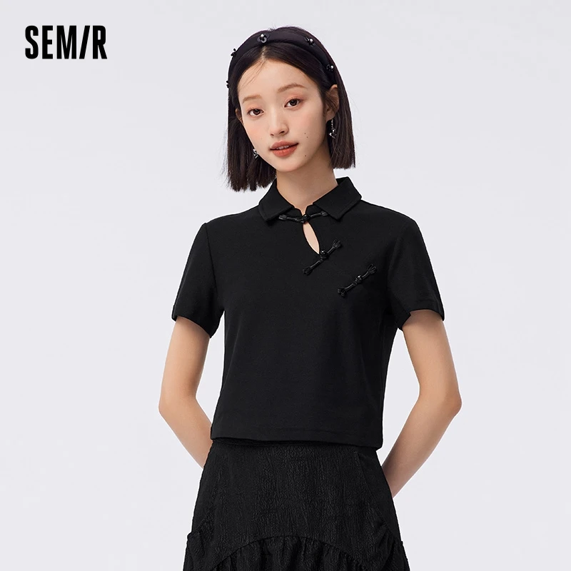 Semir Polo Shirt Female Short Slim Solid Colour With 2023 Summer New Disc Button Tops Country Style