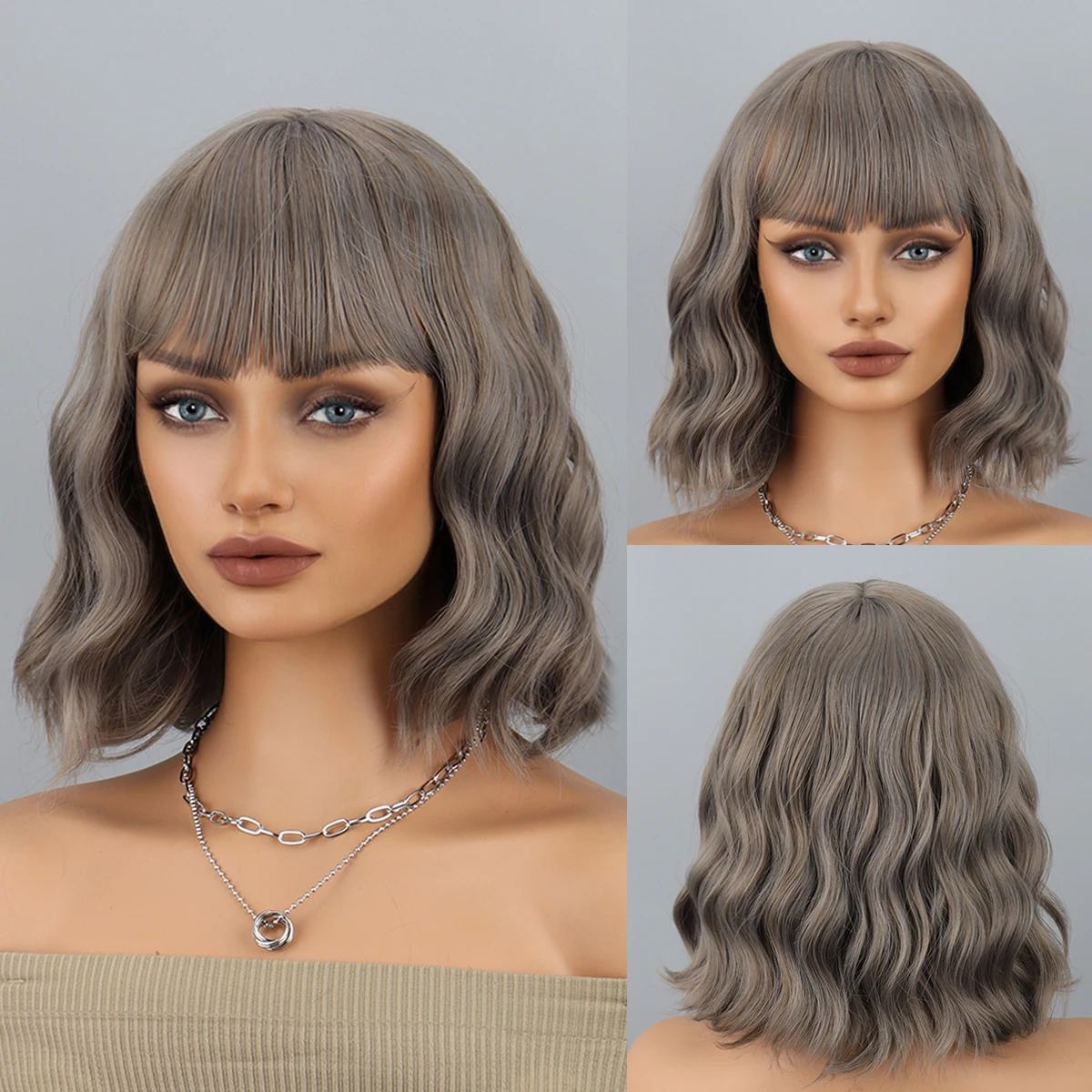 

HAIR Natural Brown Synthetic Curly Wavy Bob Wig with Bangs for Women