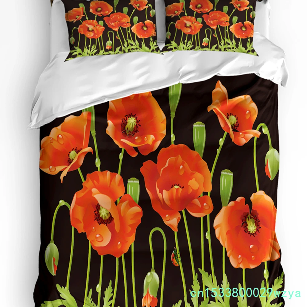 Red Flower Green Leaves Plant White 3pcs Bedding Set For Bedroom Double Bed Home Textile Duvet Cover Quilt Cover Pillowcase