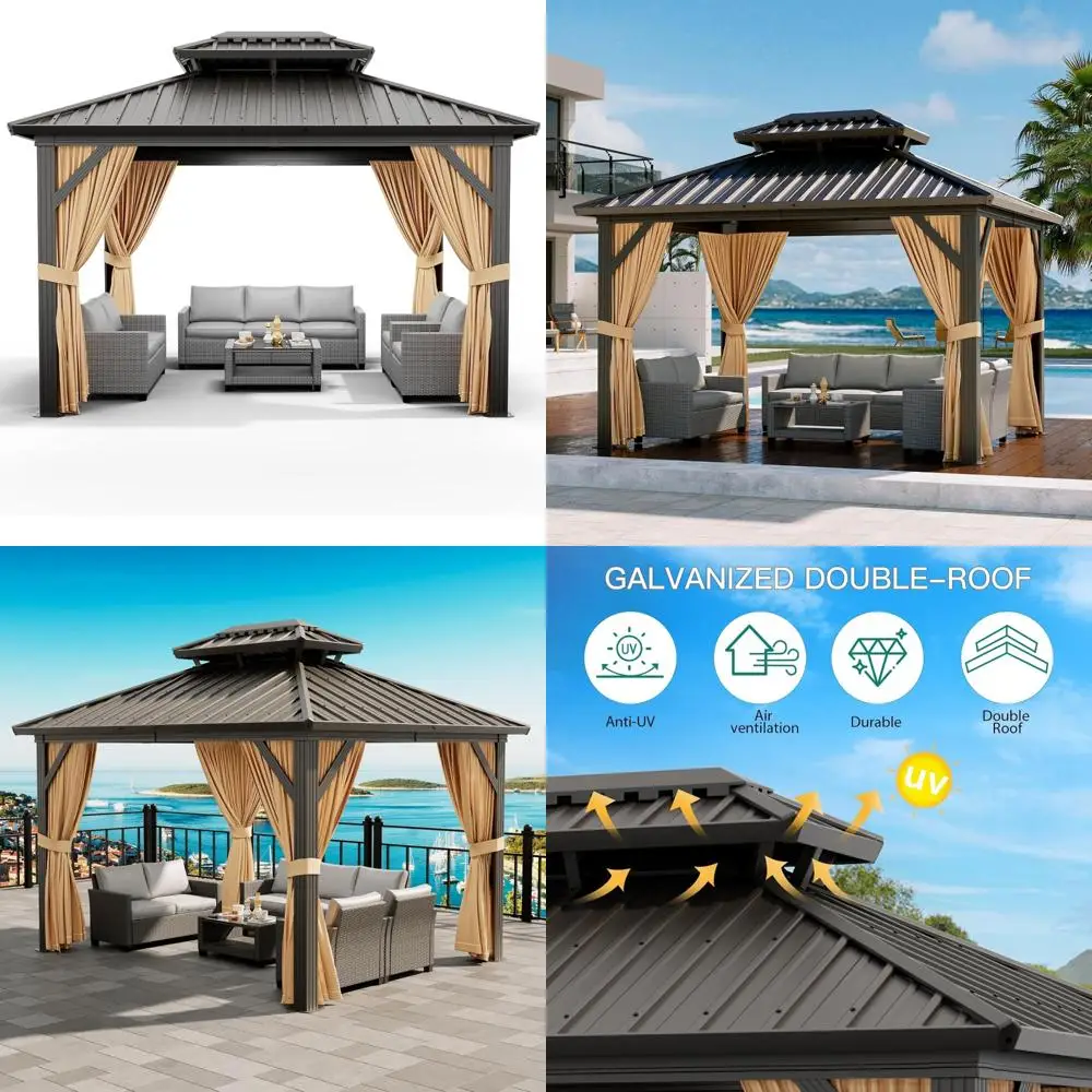 

Aluminum Framed 12x10 Hardtop Gazebo with Double Roof, Netting, and Curtains for Outdoor Garden and Patio Pavilion