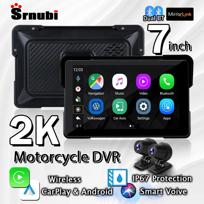 

Srnubi 7 Inch Motorcycle Portable Wireless CarPlay Android Auto Touch screen GPS Navigation Siri Voice Dual Bluetooth Waterproof