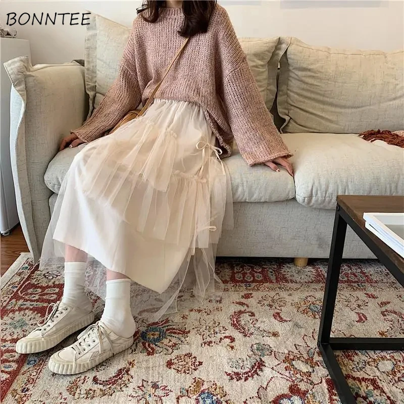 

Tulle Skirts Women High Waist Ladies Solid Elegant Lovely Simple Bowknot Mesh Korean Style Casual Womens Fashion New Arrival Hot