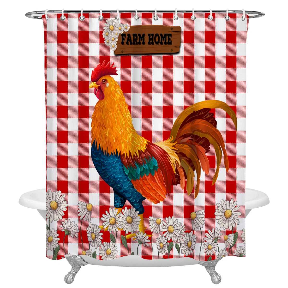 Red Plaid Daisy Rooster Farm Waterproof Bathroom Decoration Shower Curtain Printed Bathtub Curtains Bathroom Accessories