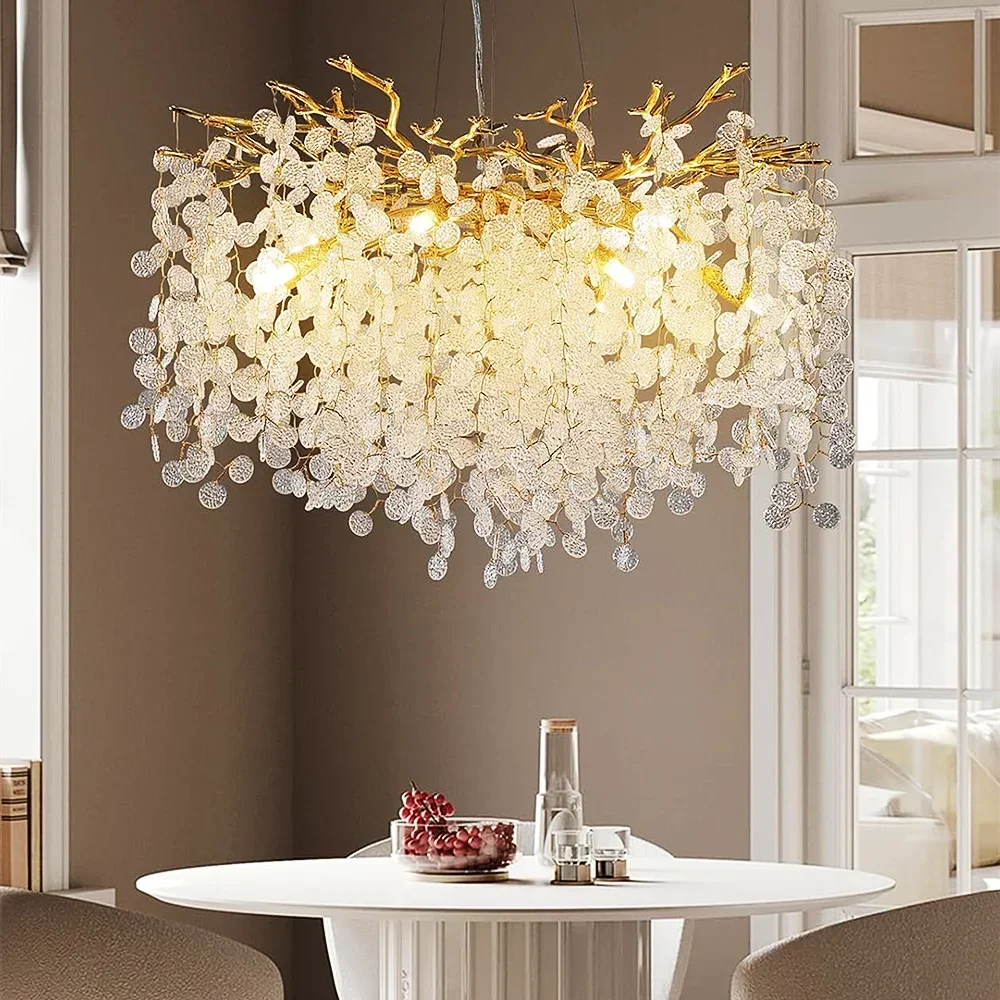 Round Crystal Chandelier Lighting for Dining Room Pendant Lights Luxury Hotel Kitchen Tree Branch Lighting for Living Room