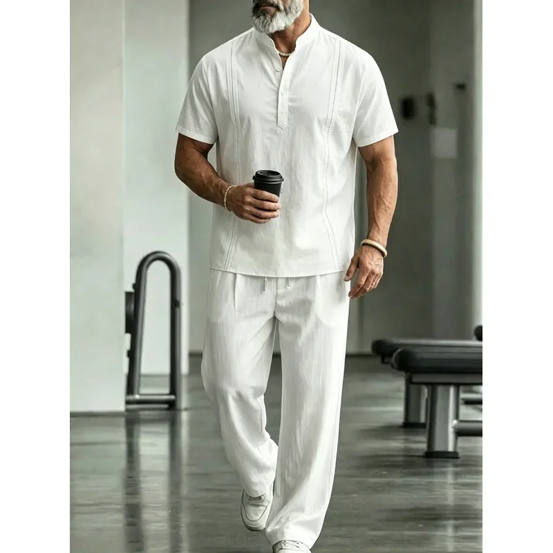 Men's Linen Casual 2-Piece Set Short Sleeve Solid Lapel Shirt + Long Pants Outfit Summer Breathable Outdoor Daily Wear Fashion C