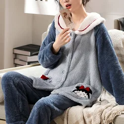 Big Size Thickened Warm Flannel Pajamas Woman Winter Student Cartoon Nightwear Long Sleeve Long Trousers Ladies Sleepwear 2PCS