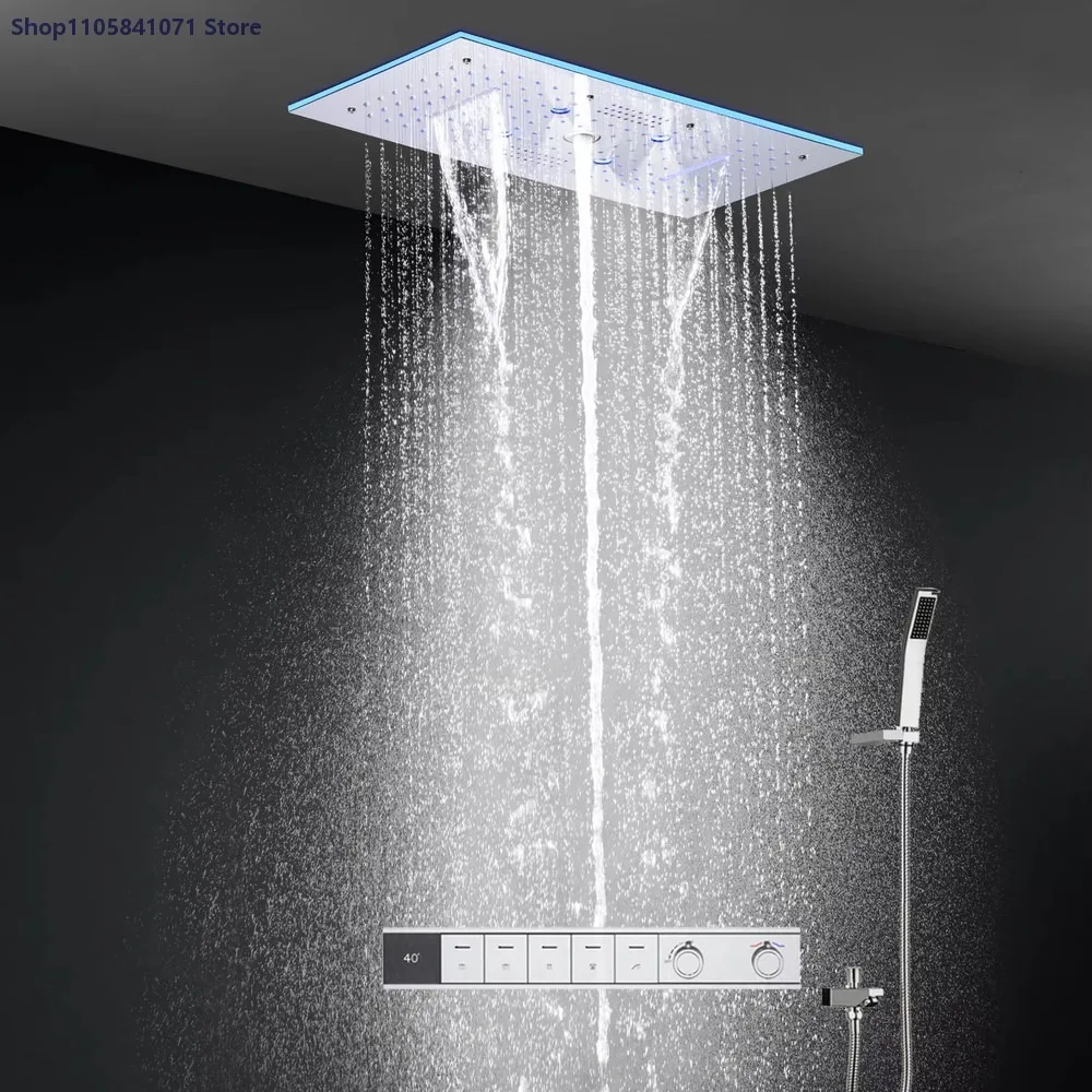 Luxury Bathroom Rain Shower Set 600x300mm LED Smart Shower Head Thermostatic Shower System with Waterfall