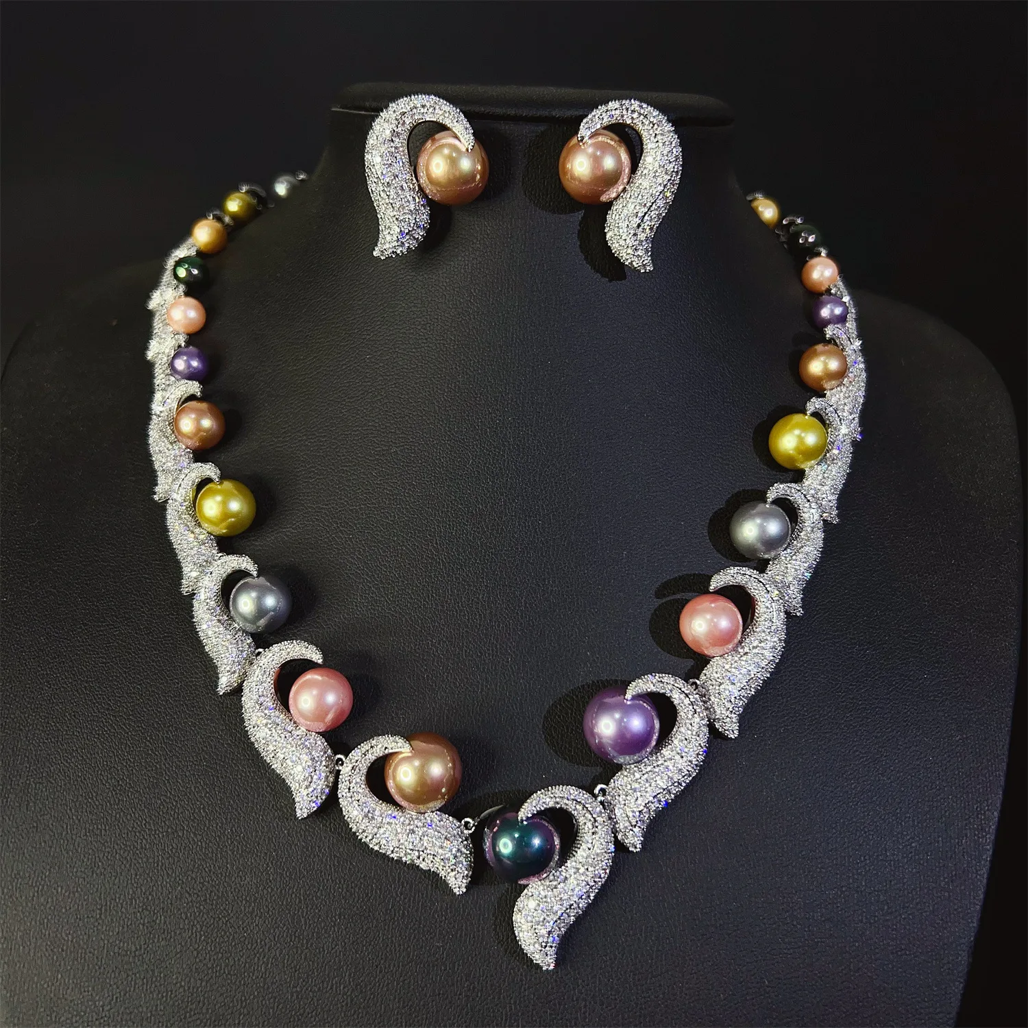 Classic Sparkling Unique Ladies Jewellery Multi Colour Pearl Necklace Earrings 2 Pcs Banquet Prom Daily Party Event Bridal M-521