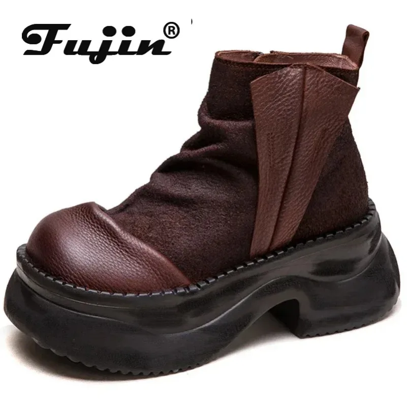 Fujin 6.5cm  Autumn Ladies Motorcycle Spring Boots Women Shoes Cow Suede Genuine Leather Moccasins Chimney Fashion Ankle Booties