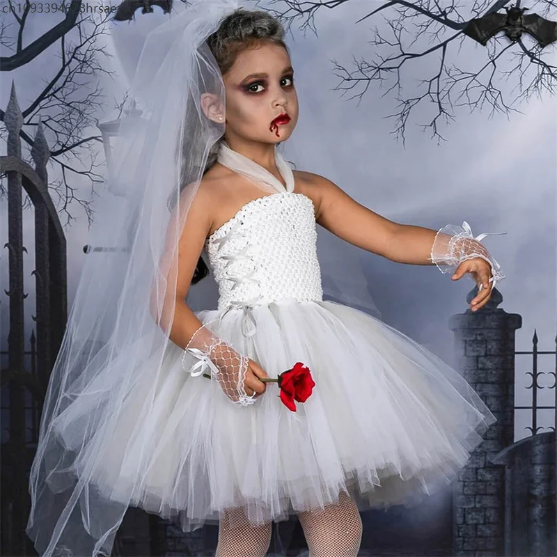 AP1 Children Ghost Bride White Wedding Dress Zombie Cosplay Clothing Halloween Vampire Girl Tutu Dresses Veil Gloves