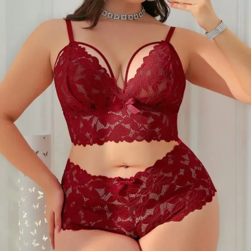 Women Lace Lingerie Set 2 Piece Deep V Hollowed‑Out See‑Through Bra And Panty Sheer Mesh Intimate Sleep Underwear For Ladies