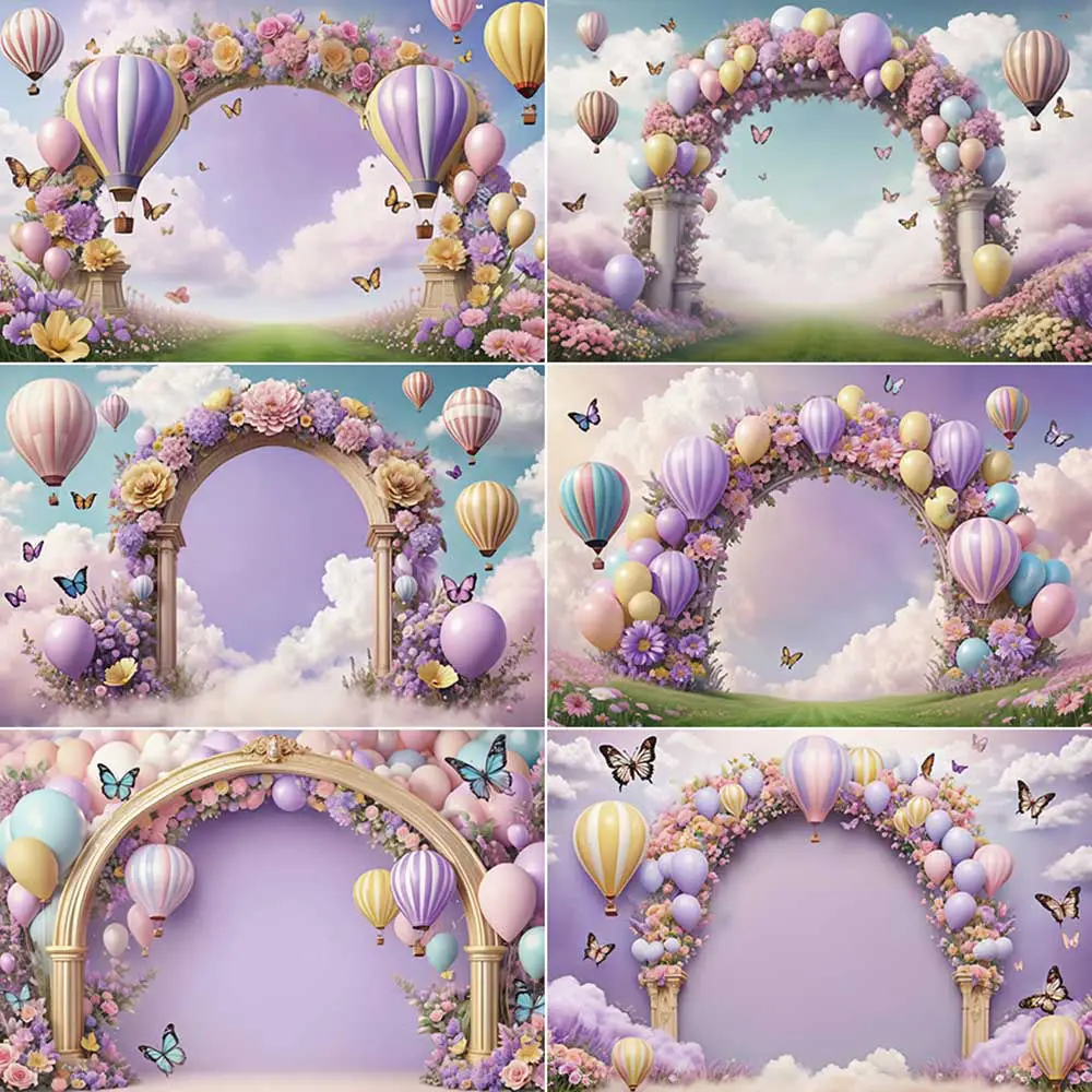 

MOON.QG Floral Flower Arch Purple Backdrop Hot Air Balloon Birthday Photo Studio Background Child Photography Supplies Back Drop