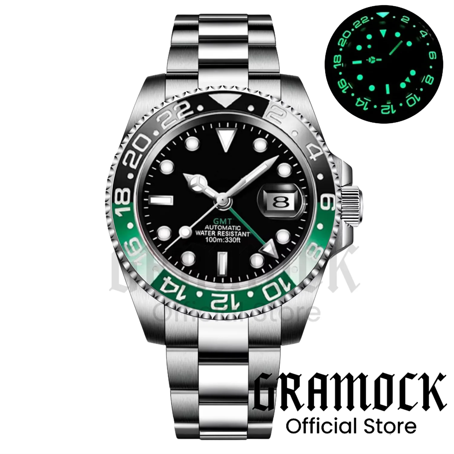 Gramock 40MM Silver Steel Dive NH34A DG3804 Mechanical Watches For Men GMT Fuction White Dial Luminous 100M Waterproof Men Watch