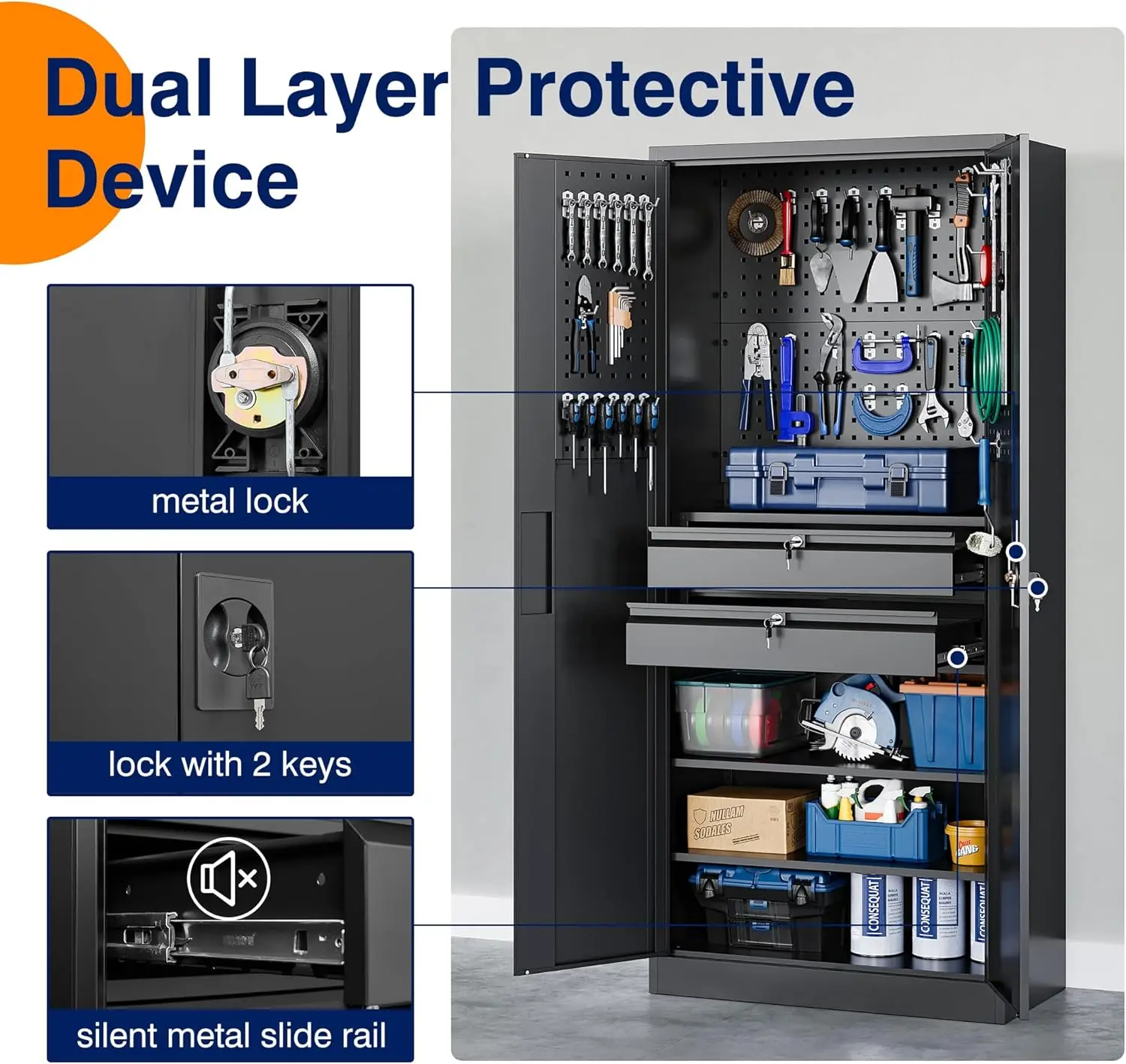 Armário de armazenamento de garagem de metal Yizosh com portas de travamento e 2 gavetas, armário de ferramentas de aço resistente com painel perfurado, 71" - Lockabl