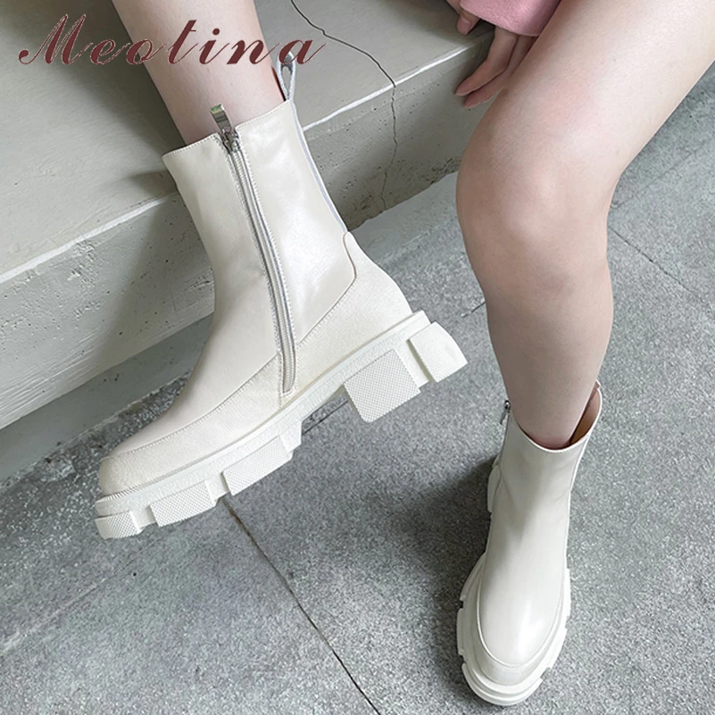 

Meotina Women Genuine Leather Ankle Boots Round Toe Platform Thick Mid Heel Zipper Ladies Fashion Short Boot Autumn Winter Shoes