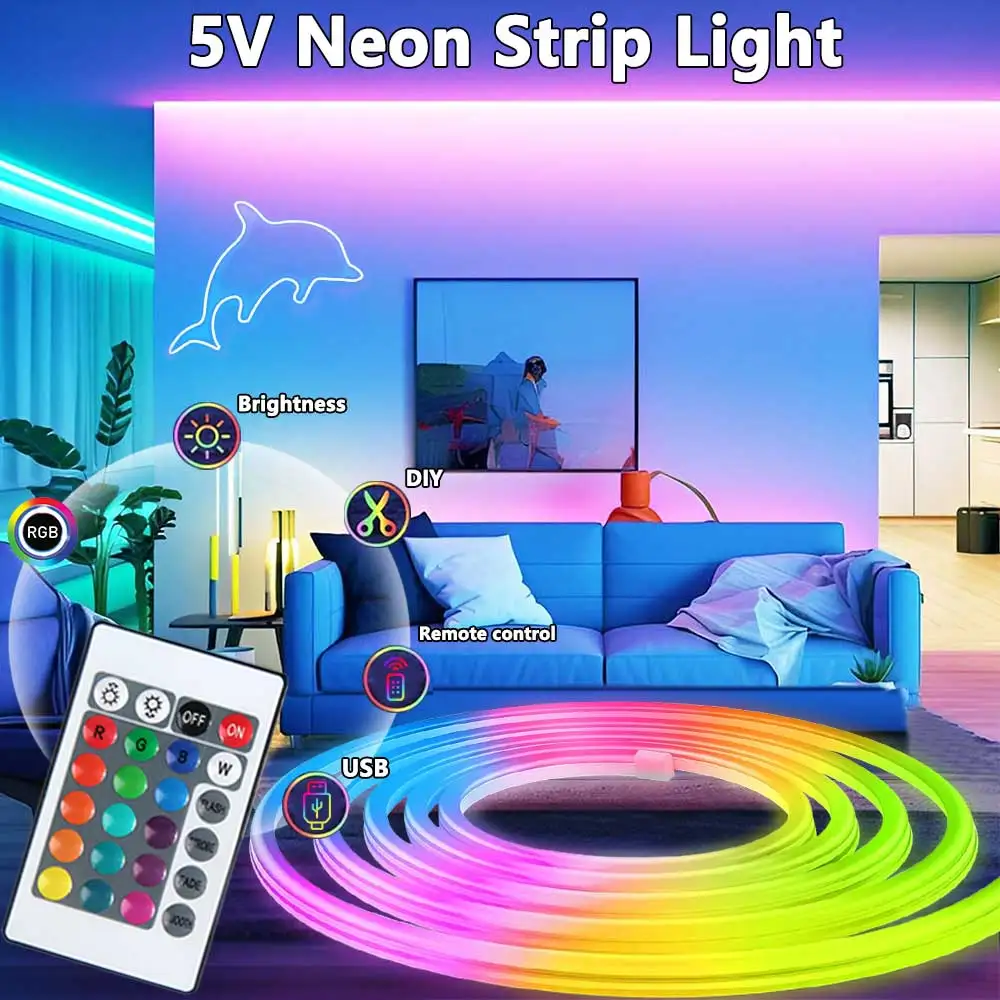 RGB Neon Strip Lights DC5V USB LED Strip 1M/2M/3M/4M/5M IP65 Waterproof Neon Strip For Party Home Decortion Lighting Color