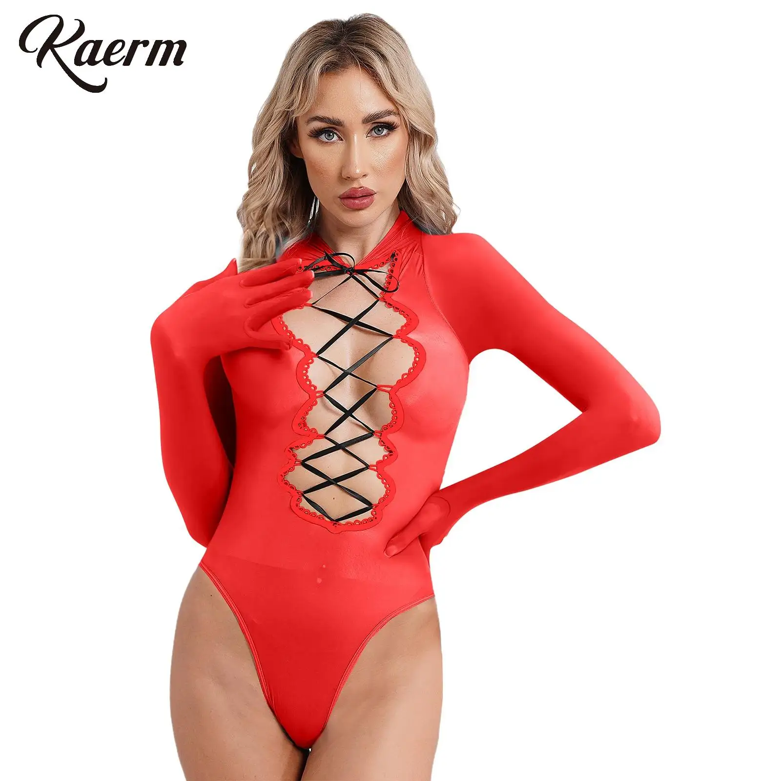 

Womens Erotic Lingerie Sheer One-Piece Swimsuits Gloved Sleeve Sexy Lace-up Bodysuit Cutout Open Crotch Leotard Glossy Swimwear