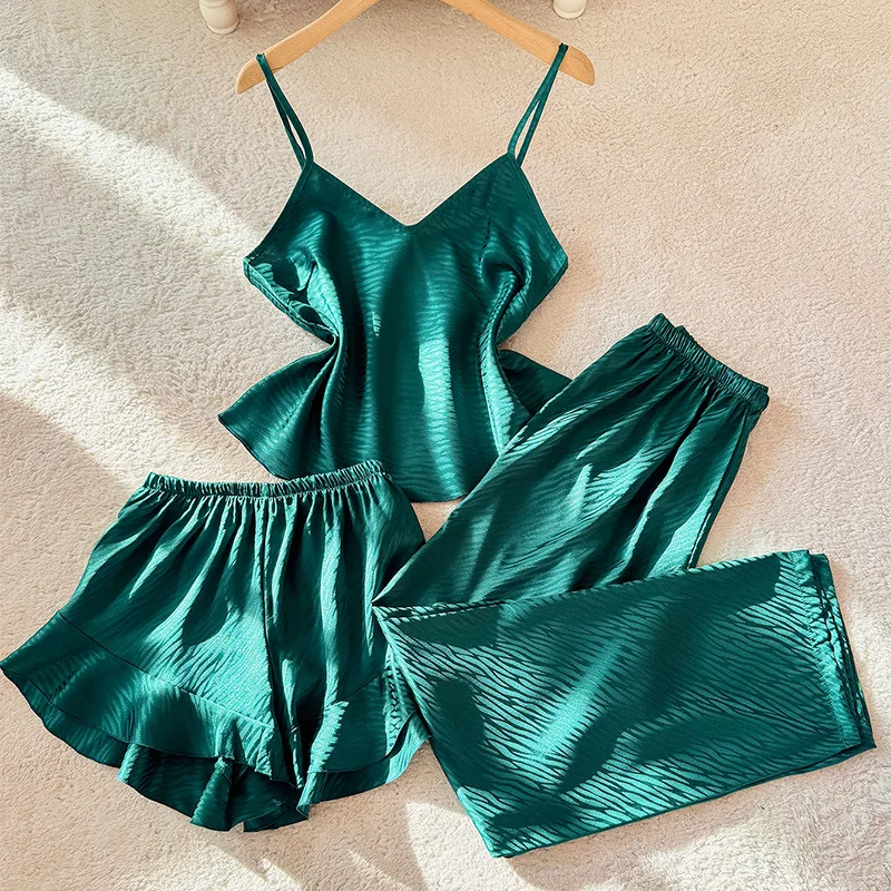 

Sexy Suspender Pyjamas Suit Women Pajamas Lingerie Summer Rayon Sleepwear Home Clothes Sling Long Pants Three Piece PJS Set