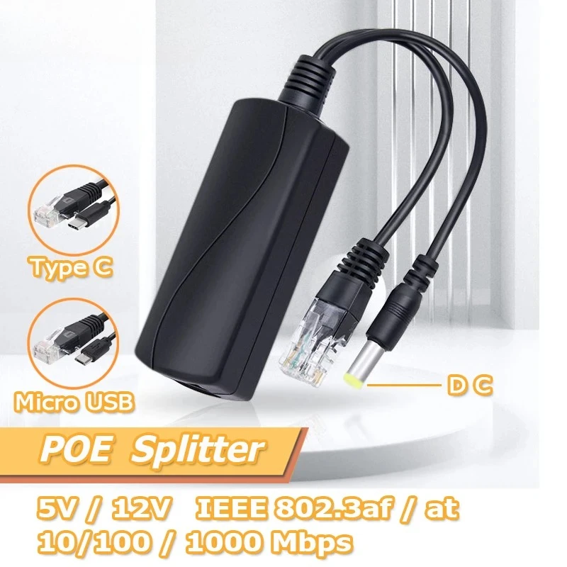 

2pcs Gigabit PoE Splitter 48V to 12V & 5V 3A Dual Output with Micro USB/Type-C/DC Barrel Jack for IP Camera & Raspberry Pi