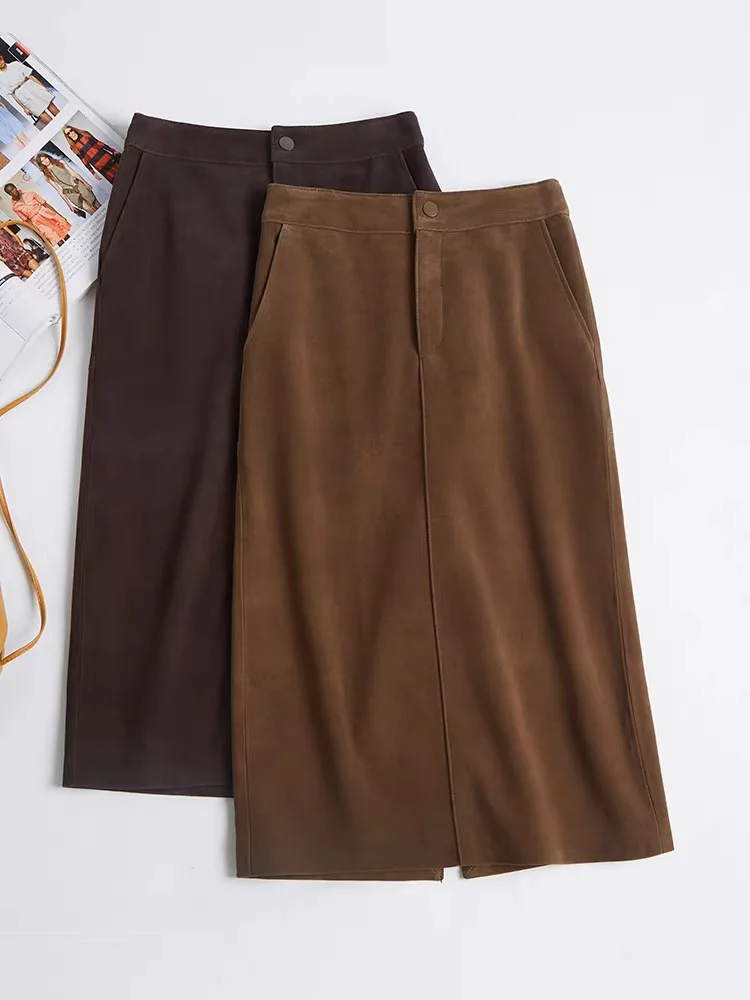 Retro High Grade Suede Leather Long Skirt For Women Winter Money Upgraded Imported Suede Jupe back Split Waist Loop Faldas