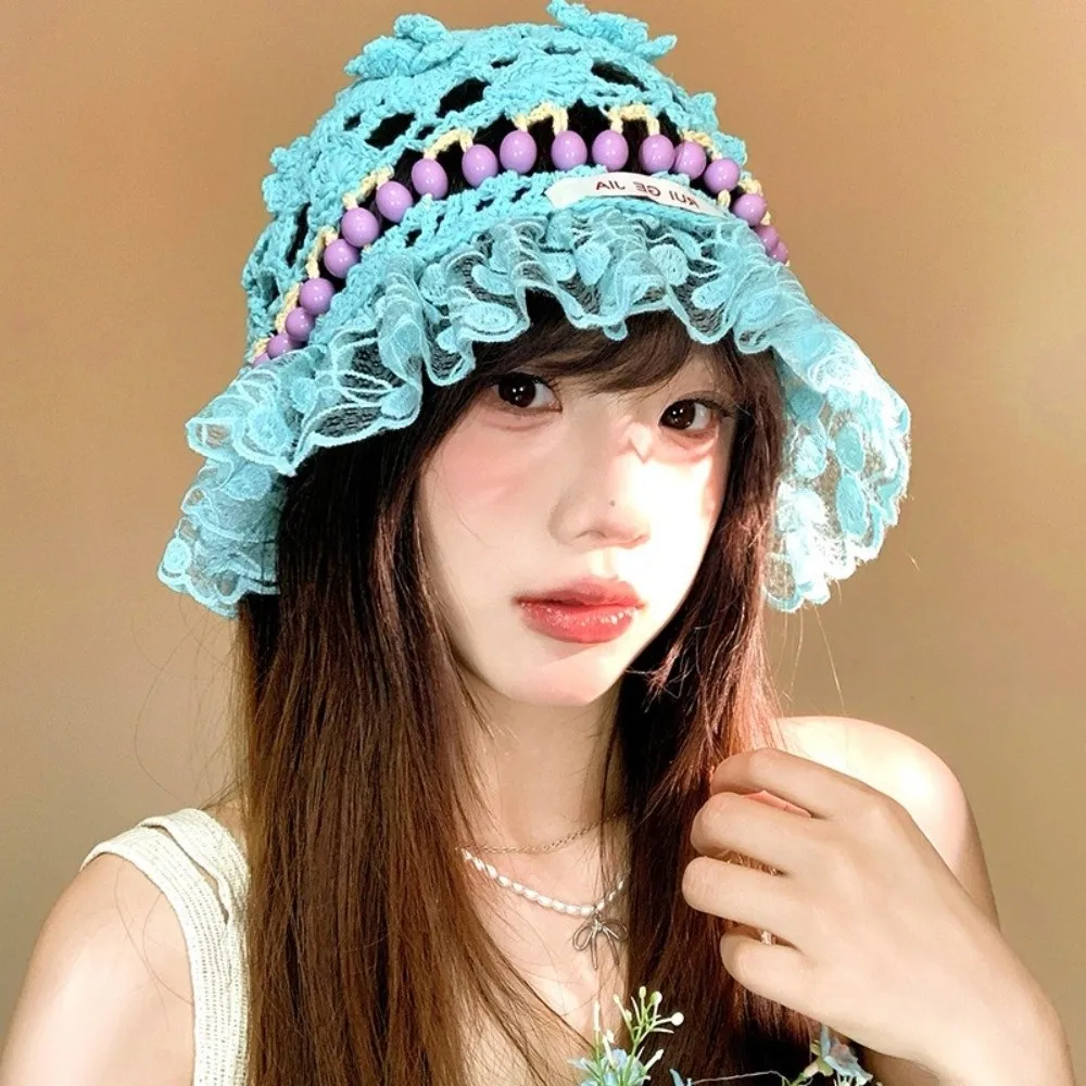 

Korean Handmade Crochet Bucket Hat Hollow Summer Beads Knitted Hat Flower Ruffles Weave Basin Caps Streetwear