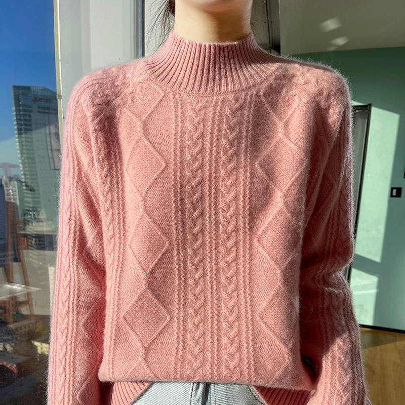 Herbst und Winter Neuer Damen-Pullover aus 100 % Merinowolle mit halbhohem Ausschnitt, Diamant-dickem Twist-Strick-Kaschmirpullover, lockerer Pullover