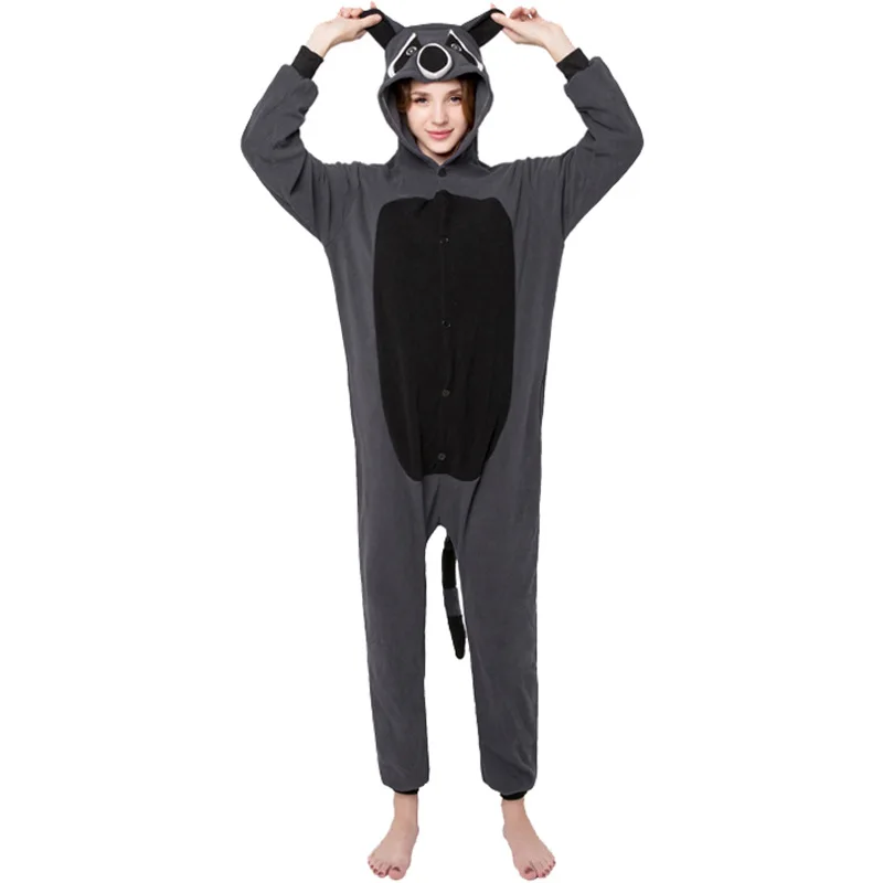 Gray Raccoon One-piece Pajamas Long-sleeved Cartoon Animal Pajamas Loose Casual Loungewear Autumn Winter Adult Homewear