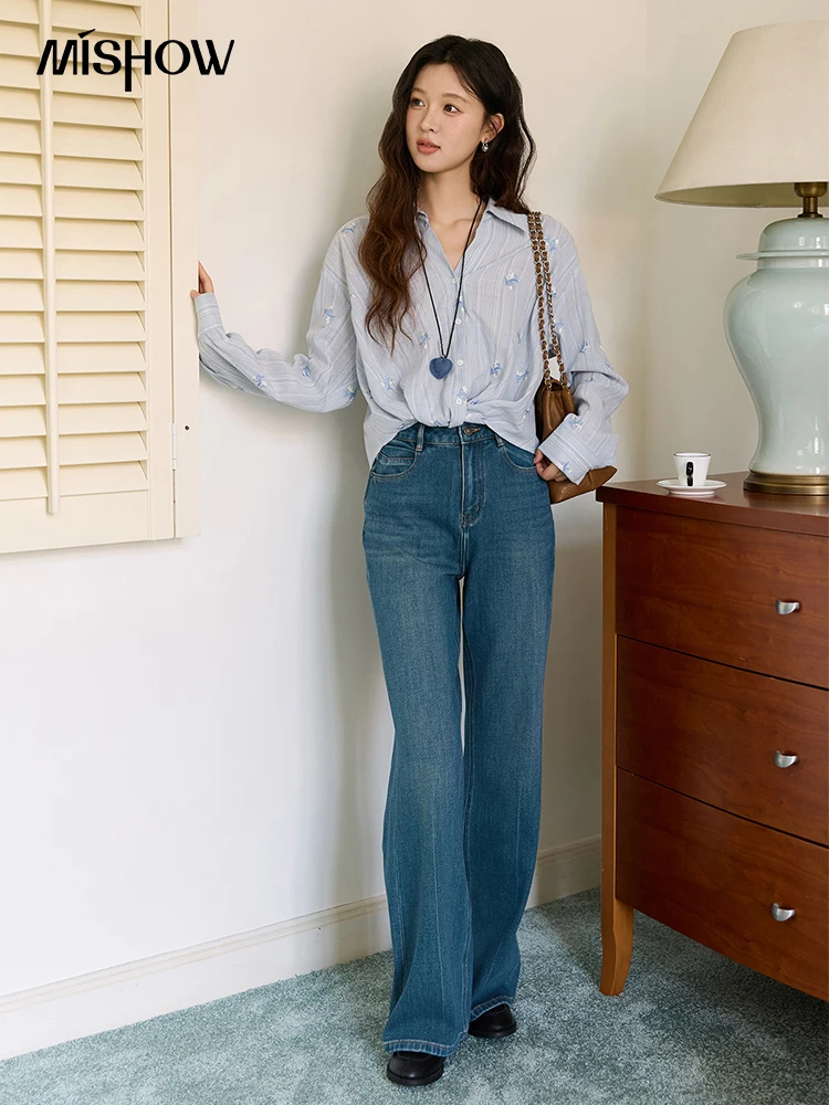 MISHOW 여성용 긴팔 셔츠 2025 가을 레트로 블루 싱글 브레스티드 블라우스 플로럴 자수 캐주얼 탑 MXE45X2495