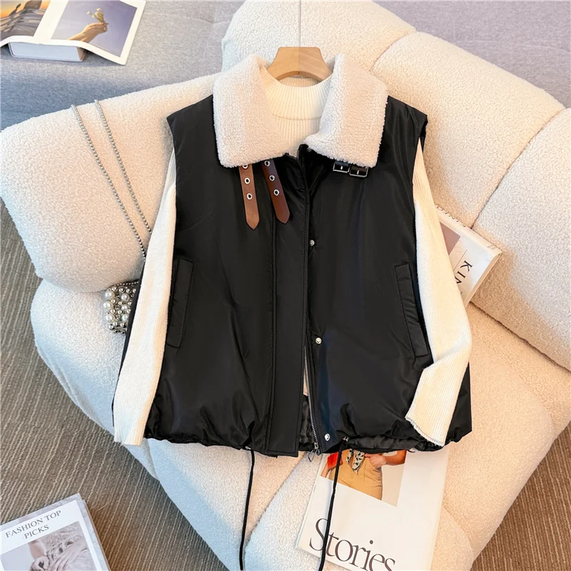 

Cotton-padded Waistcoat Women Autumn Winter New Korean Style Lamb Neck Warm Splicing Tops Fashion Zipper Sleeveless Lapel Coats
