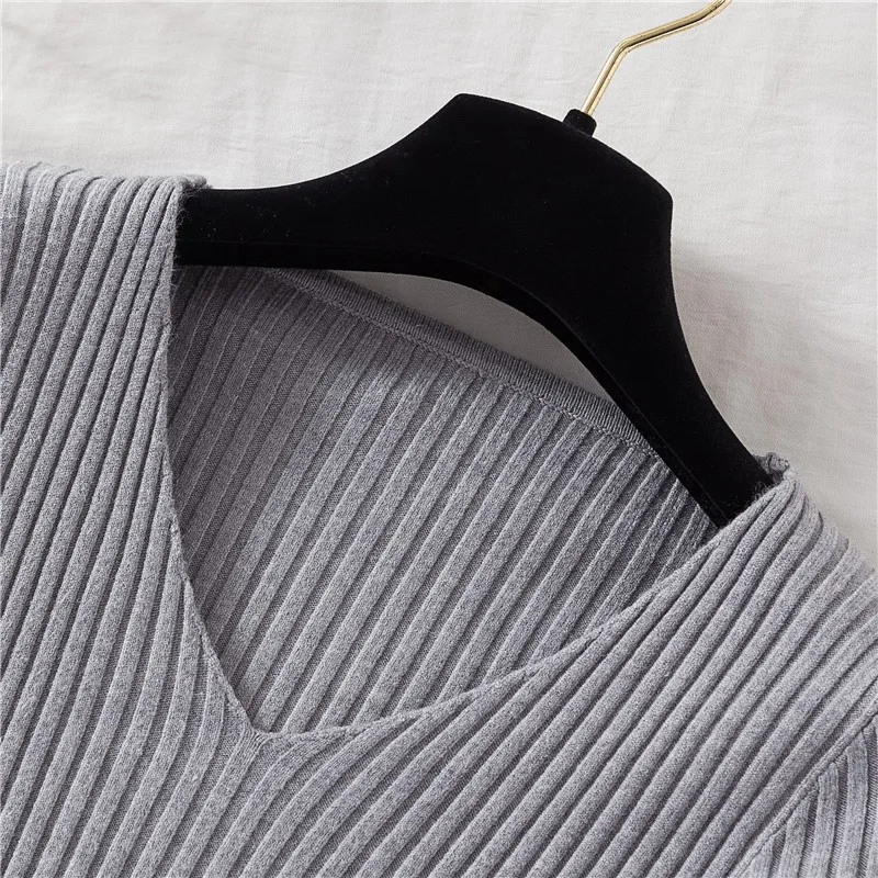 Pullover Knitted V-Neck Solid Casual Basic Soft Slim Women's Sweater Korean Fashion Jumpers Long Sleeve Female Sweaters Tops