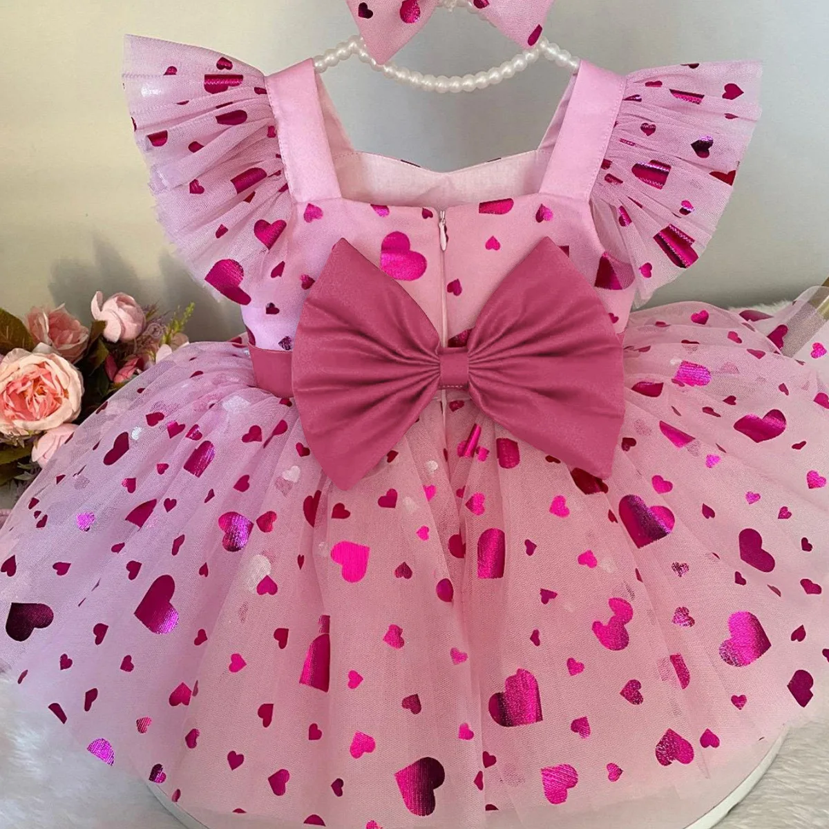 Girls Princess Dress Pink Heart Print  Bow Decor Tulle Tutu Dress for Wedding Birthday Party Kids Formal Gown