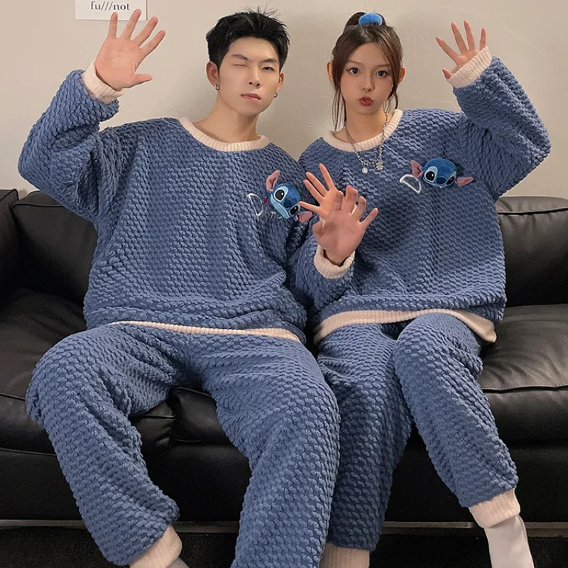 Cartoon Disney couple pajamas new round neck long-sleeved trousers coral fleece two-piece set Stitch men\'s/women\'s pajamas