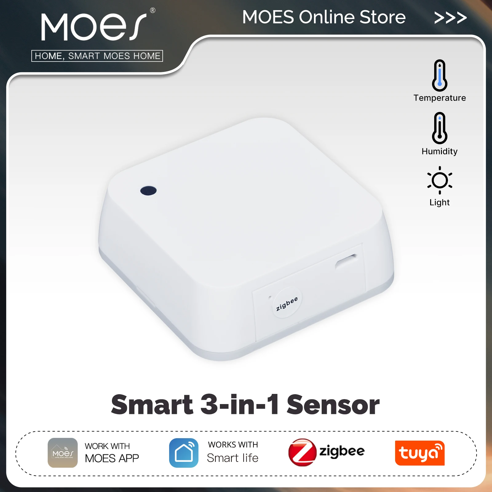 MOES Tuya ZigBee Smart Temperautre Humidity Light Sensor Illumination Value Detector App Remote Monitor Battery USB Dual Powered