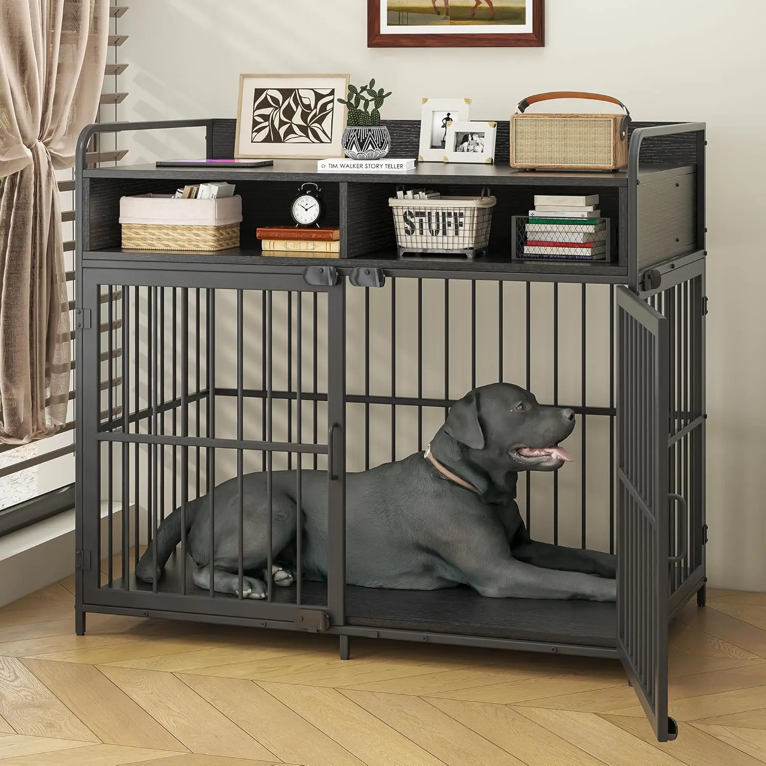 Large Furniture Dog Crate, Kennel Indoor, Wood Cage Table with Drawers Storage, Heavy Duty Dog Crate