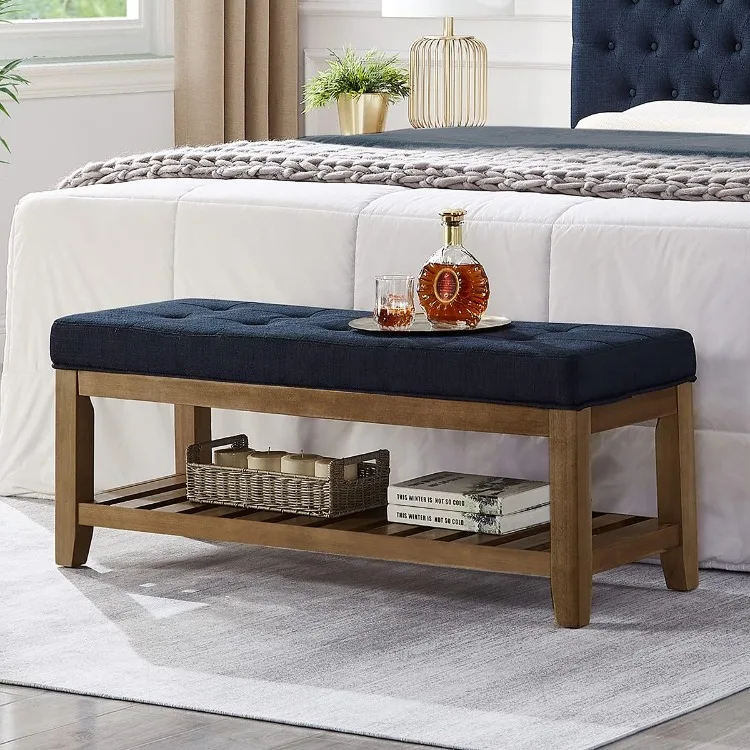 Large Rectangular Upholstered Tufted Linen Fabric Ottoman Bench, Padded Bench with Solid Wood Shelf-Navy Blue