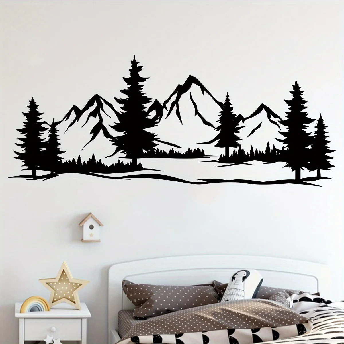 Pegatinas de pared con silueta de bosque de montaña negra para dormitorio, sala de estar, decoración de fondo de sofá, calcomanías de pared