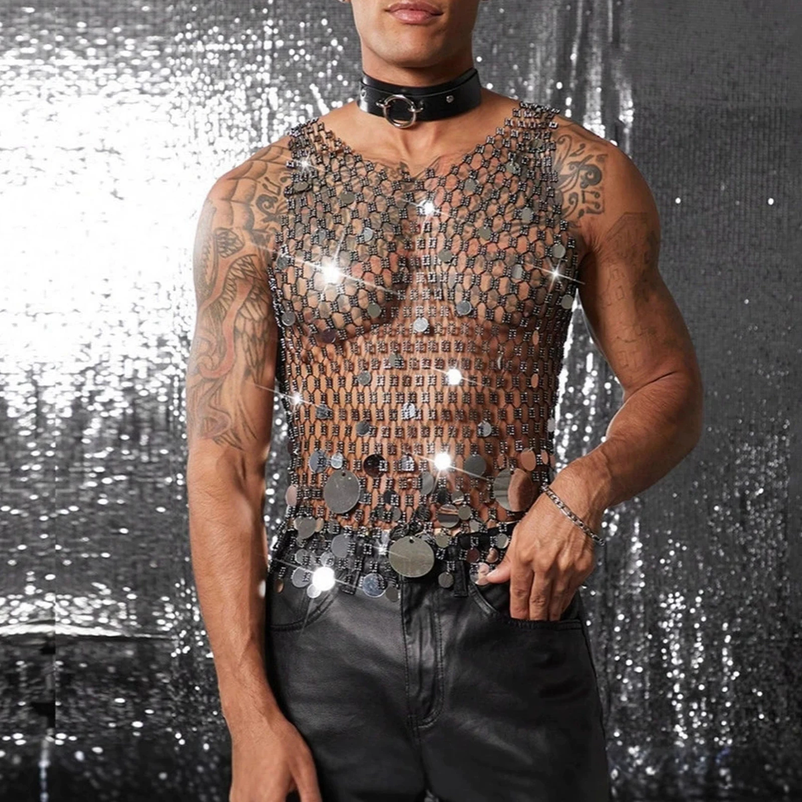 

Shiny Rhinestones Hollow Bare Body Vest Nightclub Sexy No Sve Top Open Chest Clothes Dancing Clubwear Crop top Rave Accessories