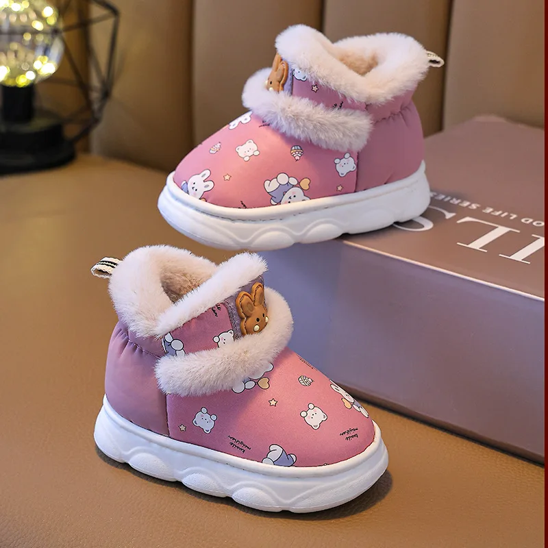 Children Cotton Shoes Winter Warm Waterproof Home Slippers Cute Cartoon Print Girls Shoe Indoor Thick Sole Anti Slip Cotton Boot