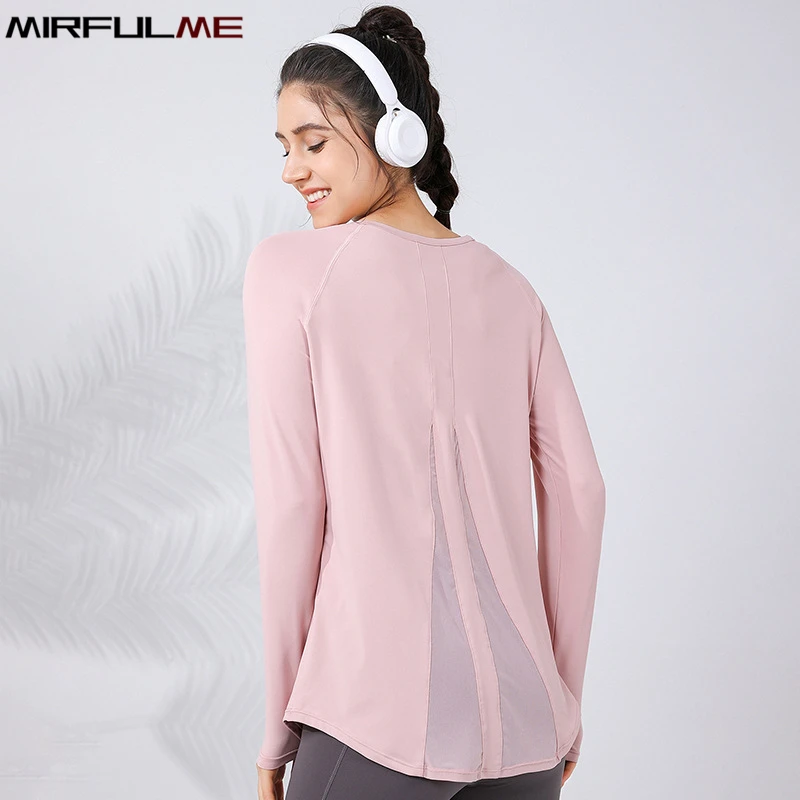 Women Loose Yoga Shirts Long Sleeves T-Shirts Mesh Breathable Sport Running Sweatshirts Covering Buttock Gym Fitness Tops Blouse