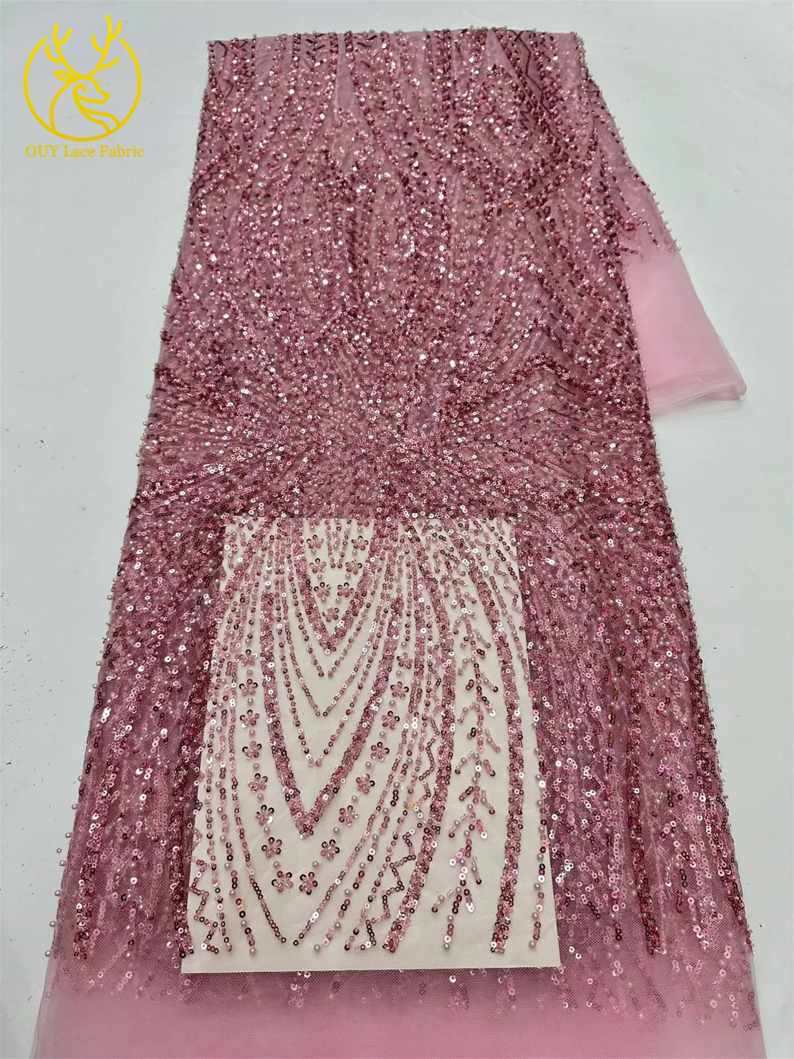 Exquisiter bunter afrikanischer Perlen-Mesh-Spitzenstoff, 5 Yards, hochwertiger französischer Tüll-Spitzenstoff zum Nähen von Brautkleidern – Detail 23